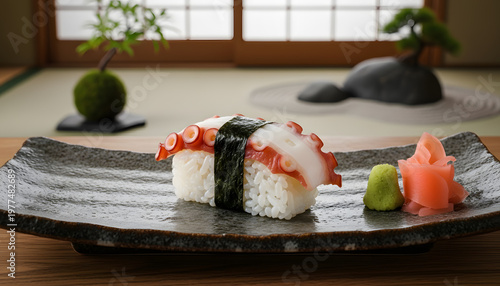 Close up of single octopus sushi with wasabi and gari ginger on long stone plate against a traditional Zen house suitable for cultural and cuisine related