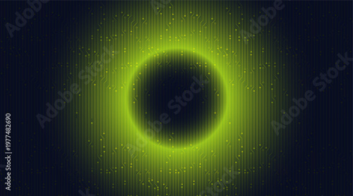 Green Halo Around Black Circle on Dark Tech Background, Vector Illustration