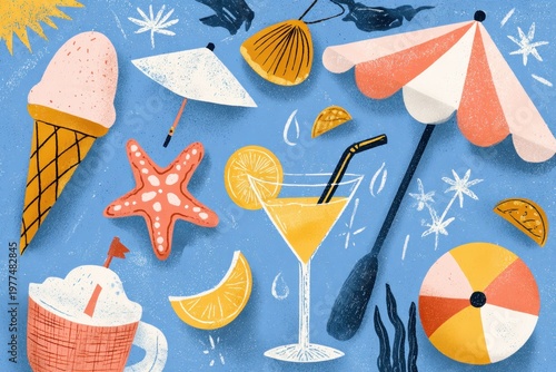 a colorful illustration of summer objects including an ice cream cone, cocktail, starfish, beach umbrella, and beach ball