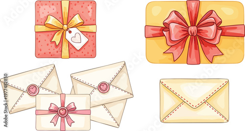 Set of Hand-Drawn Gift Boxes and Envelopes with Ribbons and Heart Tags for Gift Giving, Love, and Special Occasions