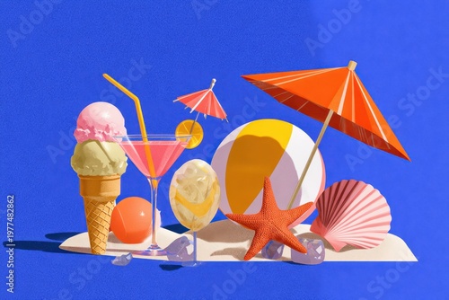 a colorful illustration of summer objects including an ice cream cone, cocktail, starfish, beach umbrella, and beach ball