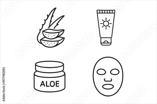 Line art icons depicting aloe vera sunscreen cream and facial mask