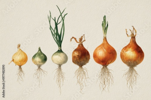 a detailed illustration of various onion stages from seed to maturity