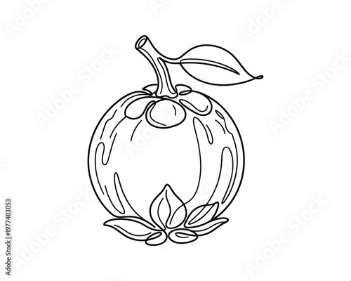Orange fruit with leaf and flower details on white background continuous one line drawing fresh citrus fruit design
