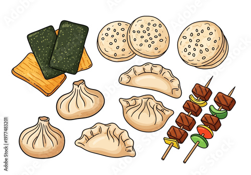 Assortment of East Asian snack foods including dumplings crackers flatbreads and skewers