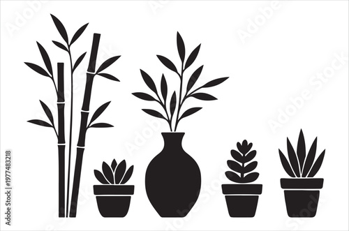 Black and white botanical illustration featuring bamboo and potted plants