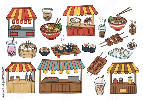 Illustrated collection of various Asian street food items and vendor stalls