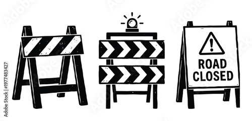 Road closed signs set, construction barrier, caution triangle, safety message, black and white