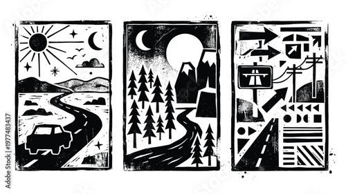 Road trip illustrations with car landscape and abstract elements on transparent background