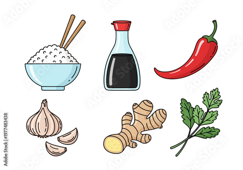 Six illustrated Asian cooking ingredients rice soy sauce chili garlic ginger and cilantro