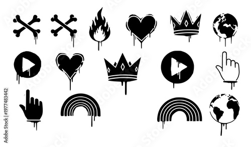 Urban graffiti stencil icons spray paint drip symbols street art vector isolated on white