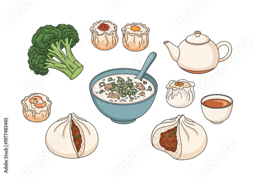 Illustration of various dim sum items a bowl of congee broccoli a teapot and tea