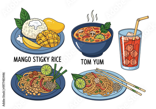 Illustration of Thai dishes Mango Sticky Rice Tom Yum noodles and a beverage