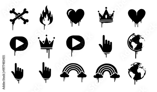 Minimal graffiti stencil icon set spray paint drip symbols urban vector isolated on white background