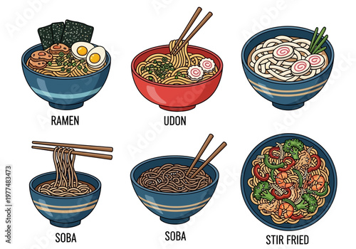 Six illustrated bowls of Japanese noodles Ramen Udon Soba and Stir Fried
