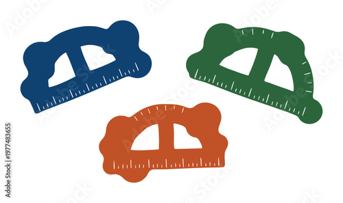 Set of colorful plastic protractor rulers with measurement scale markings for school students and geometry