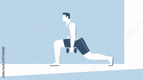Flat Illustration of a Man Stretching and Exercising on Blue and simple Background. copy space.