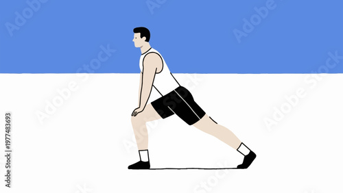 Flat Illustration of a Man Stretching and Exercising on Blue and simple Background. copy space.