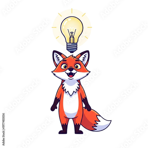 Anthropomorphic fox character with happy expression and glowing light bulb above head having bright idea. Cute vector illustration for creativity, innovation, inspiration, brainstorming and clever thi