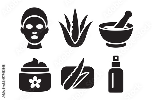 Black silhouette icons depicting natural skincare ingredients and a woman s face