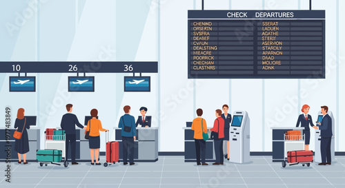 Airport Check-in Counter with Passengers, Luggage and Departure Board
