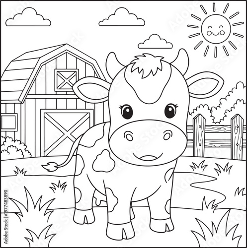 Cute cartoon cow with a barn and smiling sun on a farm, vector line art for coloring, page