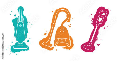 Set of three different vacuum cleaner icons with paint splatters for cleaning and household themes.