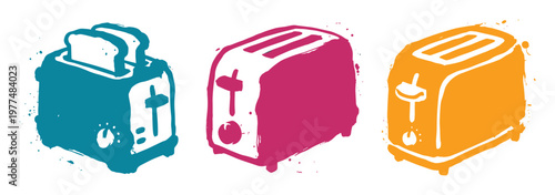Set of three colorful stylised toasters with toast bread slices isolated on transparent background
