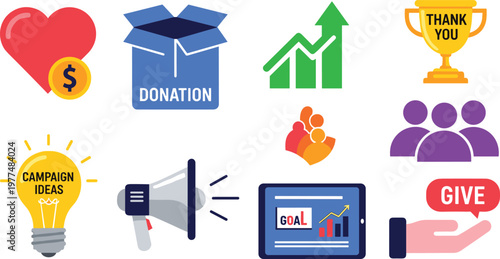 Charity and Fundraising Icon Set for Donations, Campaigns, Giving, and Community Support