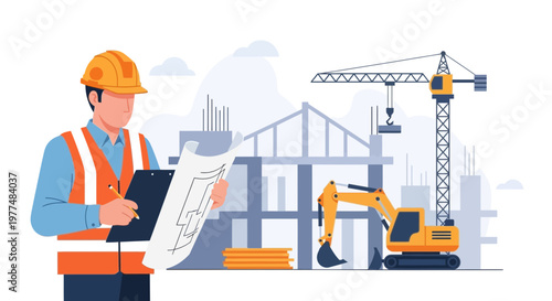 Construction worker in hard hat reviews blueprints at building site with excavator and crane