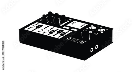 Black audio mixing console displayed in a stark graphic silhouette