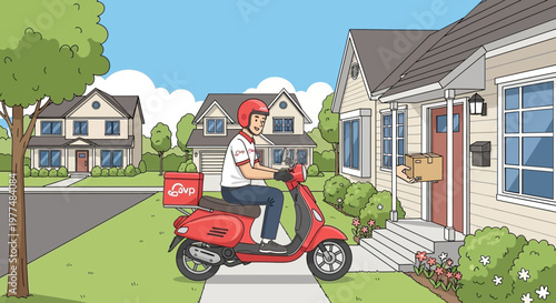 Delivery driver on scooter brings package to suburban house doorstep.