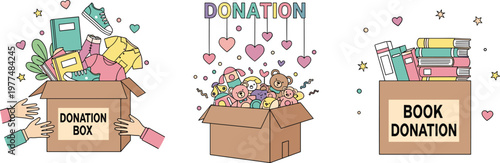 Donation and Charity Vector Set with Clothes Toys Books Donation Boxes and Volunteer Giving Illustration for Nonprofit Campaign Design