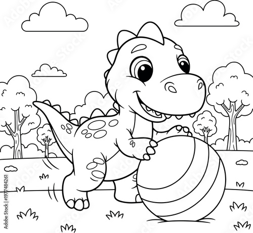 Happy cartoon dinosaur playing with a striped ball in a grassy field, vector line art for coloring