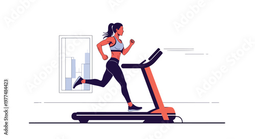 Flat style vector illustration of athletic woman running on treadmill, healthy lifestyle workout concept isolated on clean background for training and wellness
