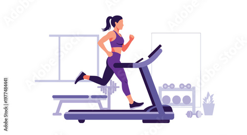 Flat style vector illustration of athletic woman running on treadmill, healthy lifestyle workout concept isolated on clean background for training and wellness