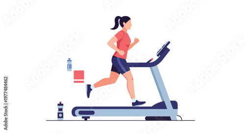 Flat style vector illustration of athletic woman running on treadmill, healthy lifestyle workout concept isolated on clean background for training and wellness