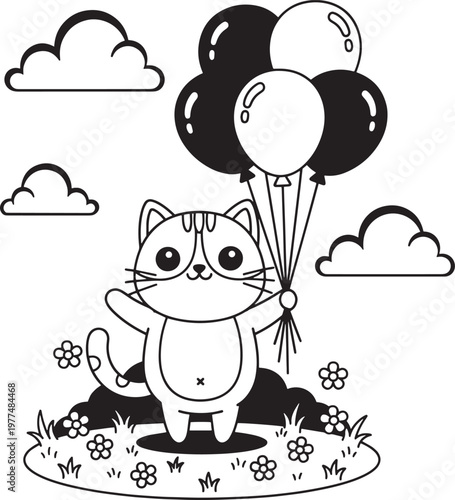 Cute cartoon cat holding balloons outdoors vector illustration with coloring page, line art