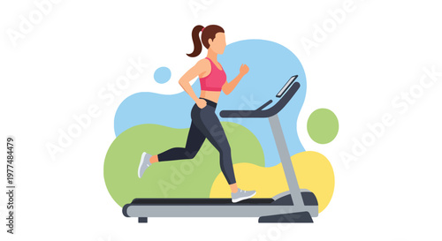 Flat style vector illustration of athletic woman running on treadmill, healthy lifestyle workout concept isolated on clean background for training and wellness