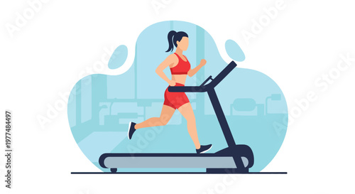 Flat style vector illustration of athletic woman running on treadmill, healthy lifestyle workout concept isolated on clean background for training and wellness
