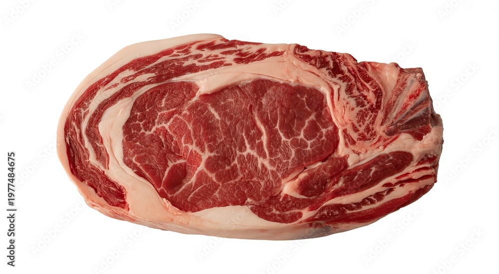 Fototapeta premium Raw prime rib roast with marbling and thick fat cap isolated on white raw meat beef
