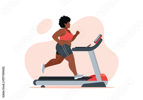 Flat style vector illustration of plus size woman running on treadmill, body positivity and inclusive fitness concept, healthy lifestyle workout in simple abstract background for wellness and training