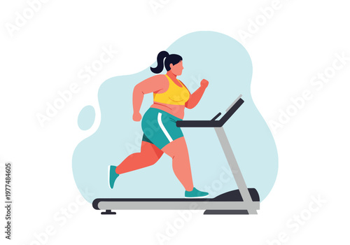 Flat style vector illustration of plus size woman running on treadmill, body positivity and inclusive fitness concept, healthy lifestyle workout in simple abstract background for wellness and training