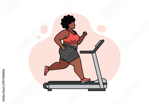 Flat style vector illustration of plus size woman running on treadmill, body positivity and inclusive fitness concept, healthy lifestyle workout in simple abstract background for wellness and training
