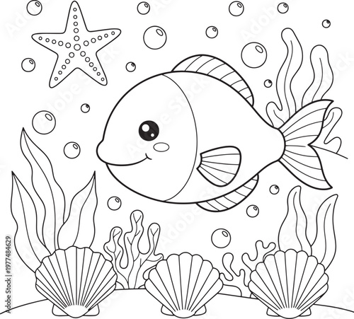 Cute cartoon fish swimming with starfish seashells bubbles in the ocean vector line art for coloring