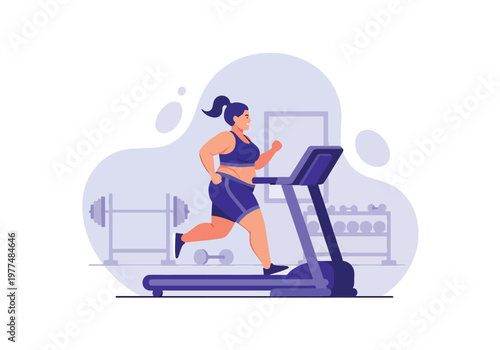 Flat style vector illustration of plus size woman running on treadmill, body positivity and inclusive fitness concept, healthy lifestyle workout in simple abstract background for wellness and training