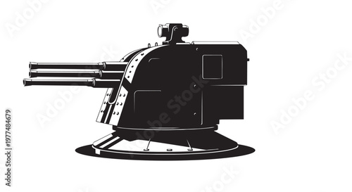Industrial, heavy duty, black, steel, machine gun turret, military, weapon, defense, combat, warfare, vector