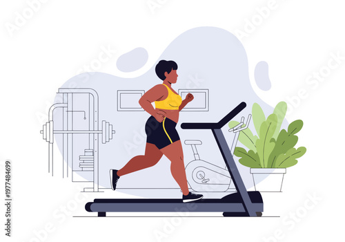 Flat style vector illustration of plus size woman running on treadmill, body positivity and inclusive fitness concept, healthy lifestyle workout in simple abstract background for wellness and training