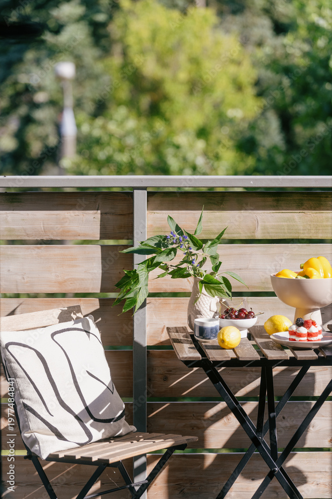 Fototapeta premium Enjoy breakfast on the balcony with fresh fruit and simple decor ideas
