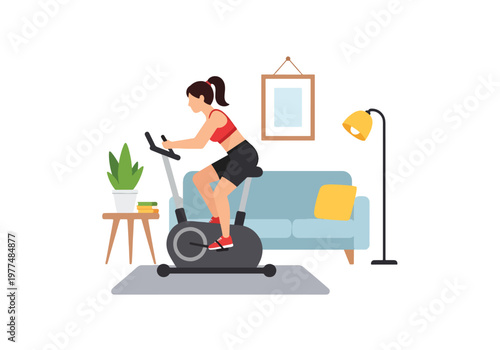 Flat style vector illustration of woman cycling on stationary exercise bike in indoor fitness space, home workout concept with healthy lifestyle training and cardio activity